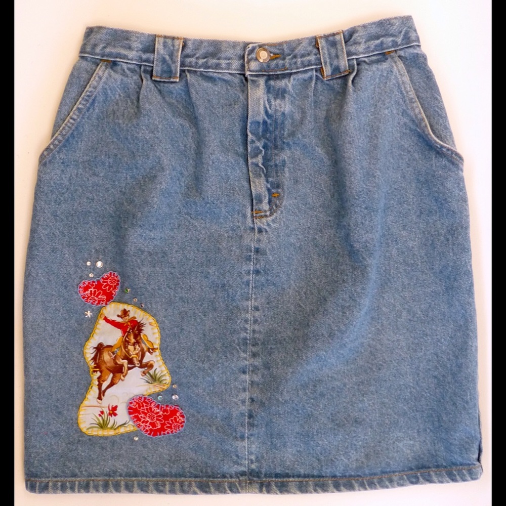 Denim Mini Skirt with Embroidered Cowboy Patch - Blue